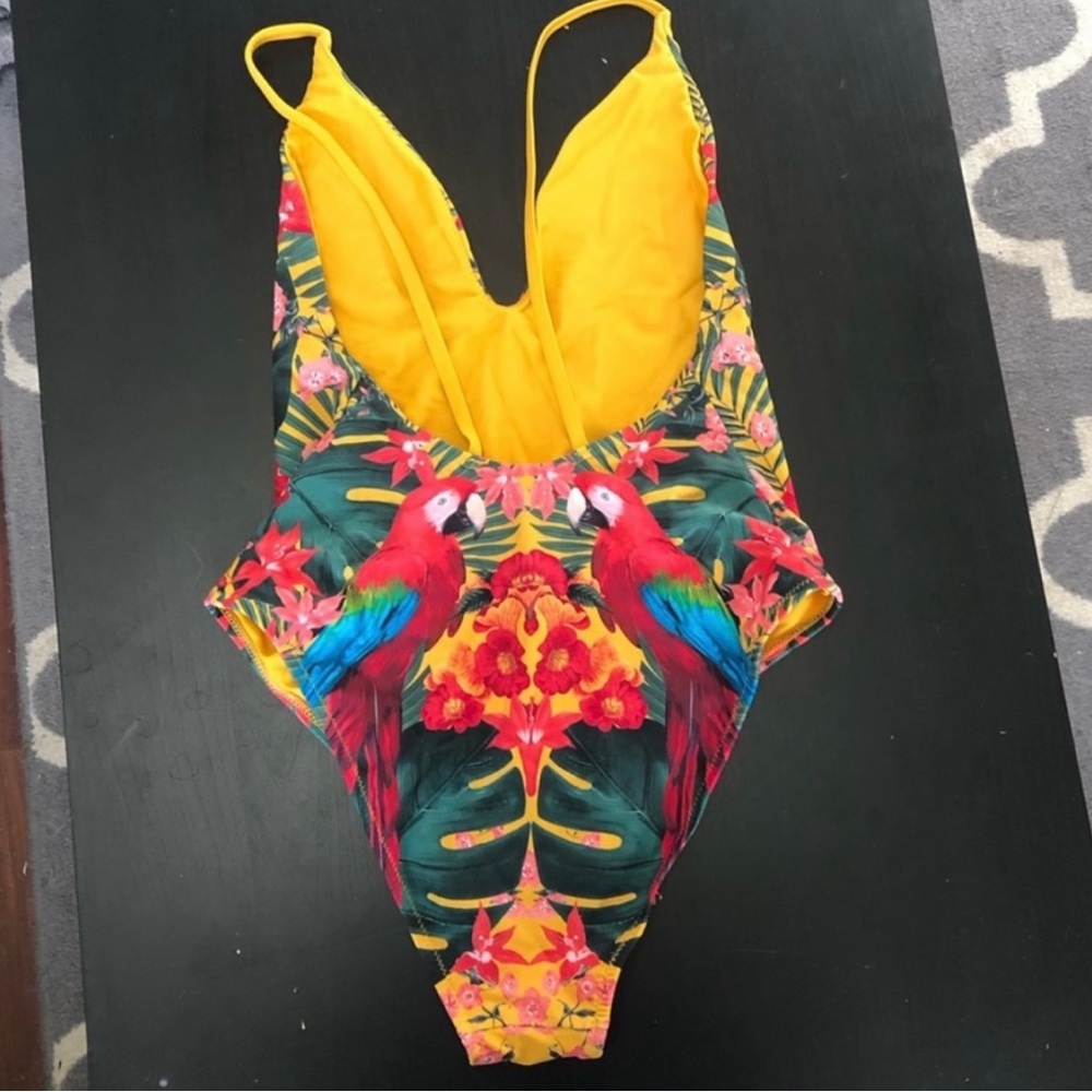 Show Me Your MuMu Tropical Parrot One-Piece Swimsuit - Yellow, Green, Red, Blue - Picture 3 of 3